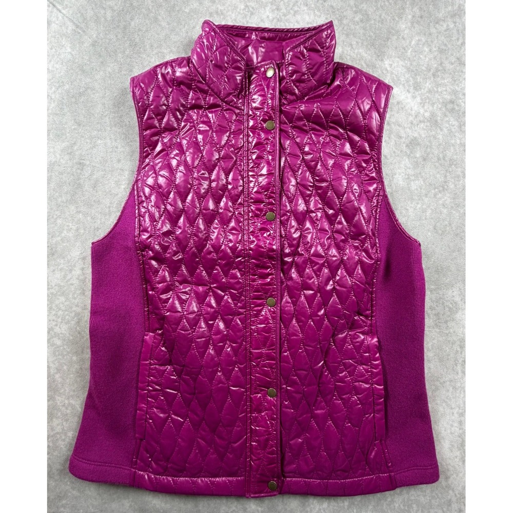 Talbots Womens Medium Puffer Vest Fuchsia Pink Shiny Quilted Zip Snap NWT